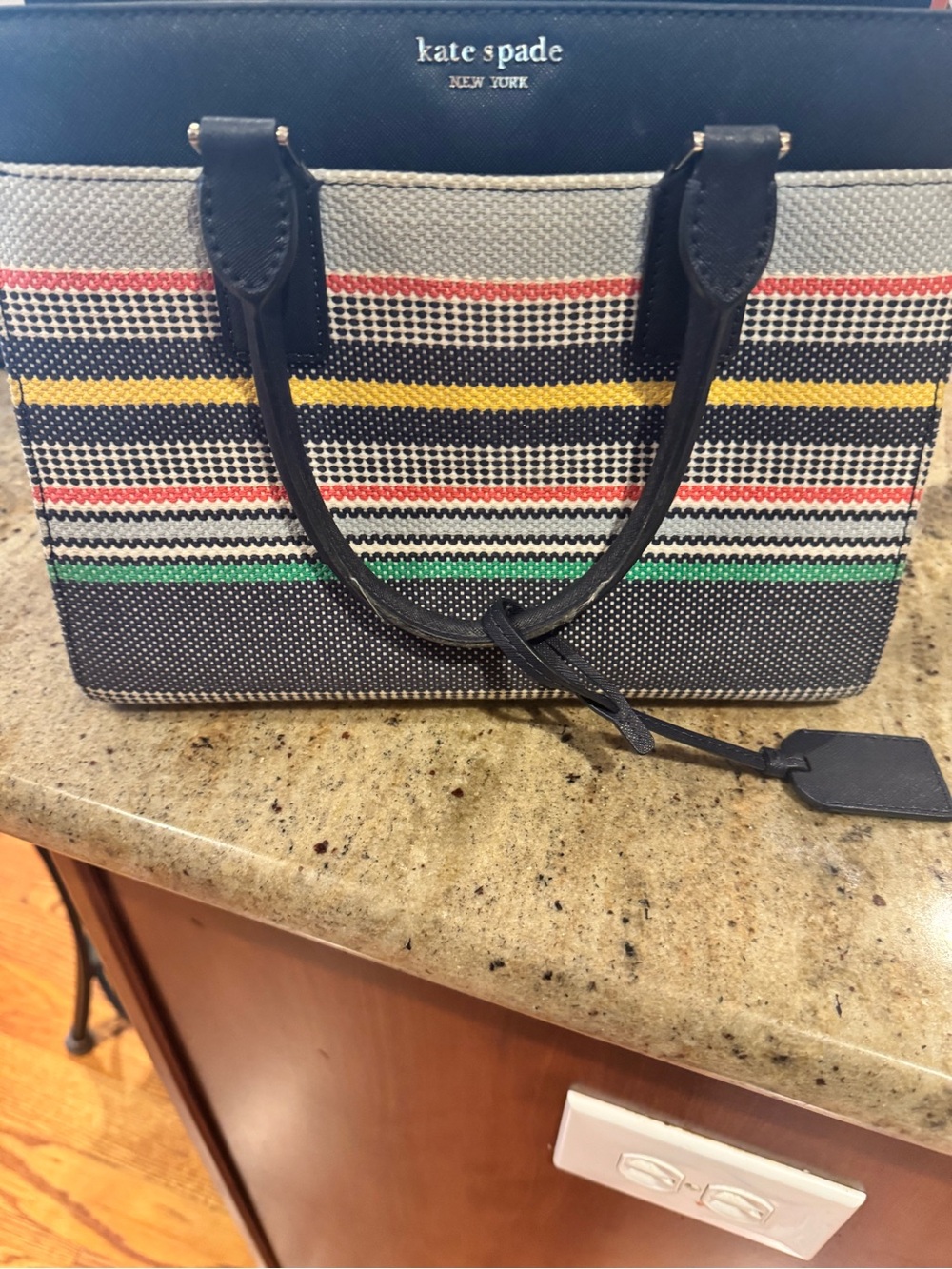 Kate Spade Striped Multicolor Tote Bag with Navy Handles